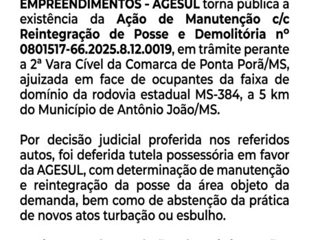 Informe oficial: determinação judicial de reintegração de posse na MS-384, em Antônio João